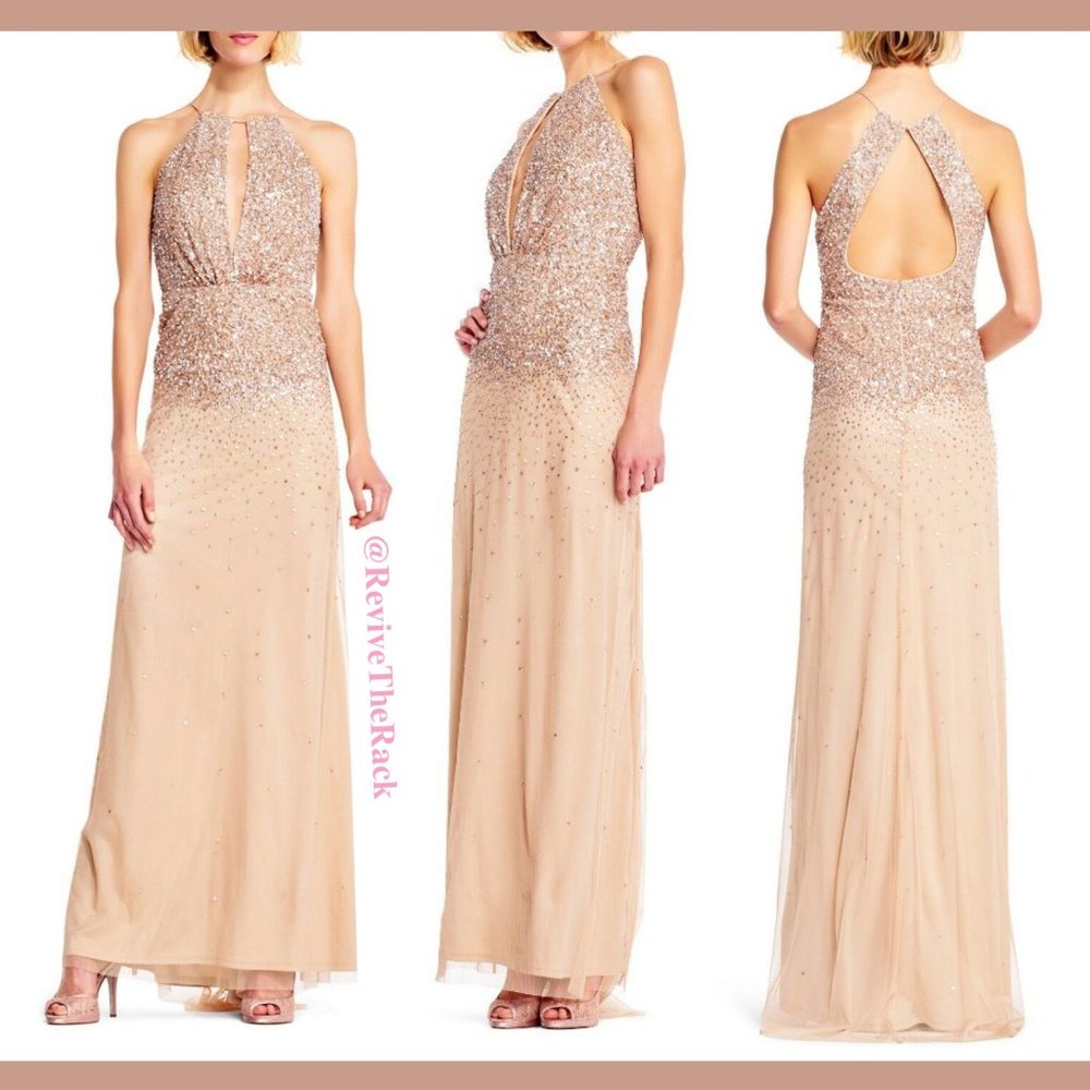 NWT Adrianna‎ Papell Beaded Halter KeyHole Back Gown in Champagne [SZ 2 ]